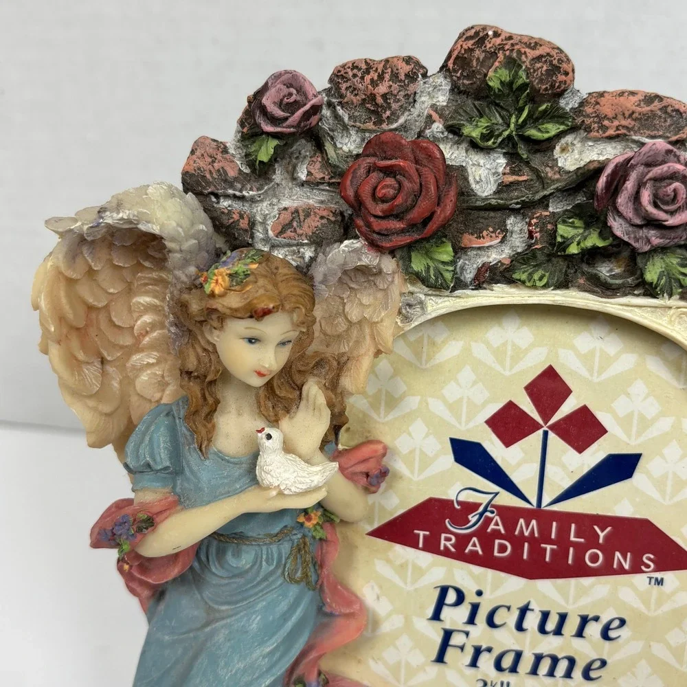 Vtg 90s Guardian Angel Resin PhotoFrame Dove Floral Roses Garden Victorian Fairy